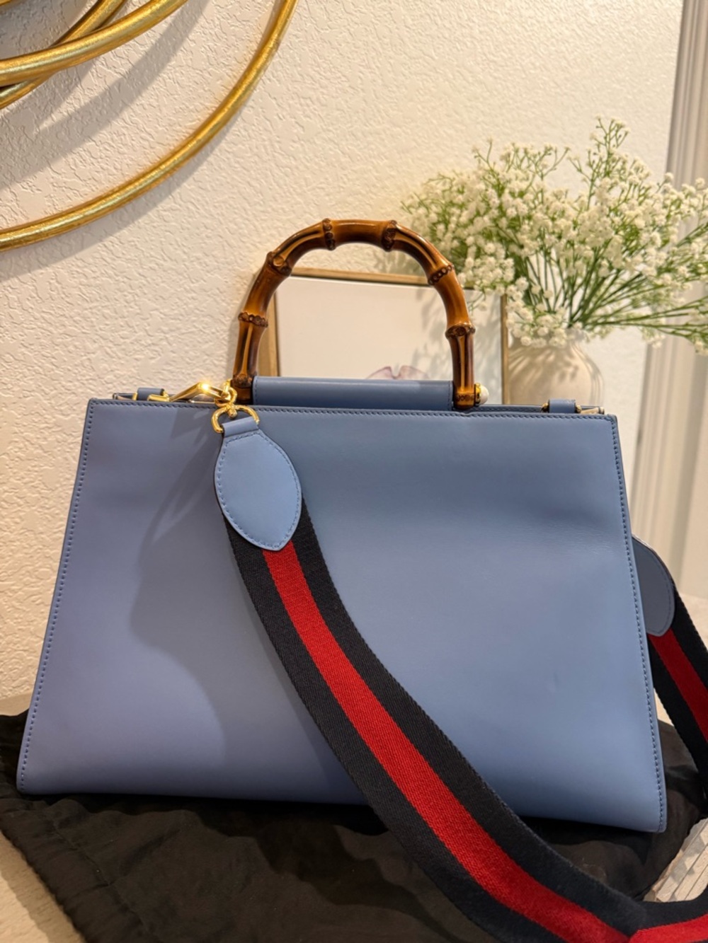 Women’s Structured Bamboo-Handle Tote in Light Blue